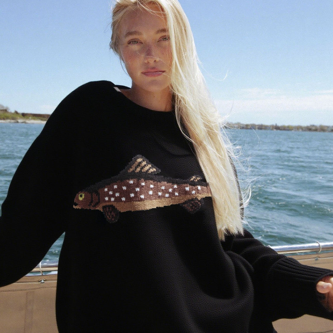 Damen Oversize Strickpullover mit Fisch-Jacquard, Halbkragen und Rippenbündchen Shop Nory