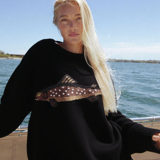 Damen Oversize Strickpullover mit Fisch-Jacquard, Halbkragen und Rippenbündchen Shop Nory