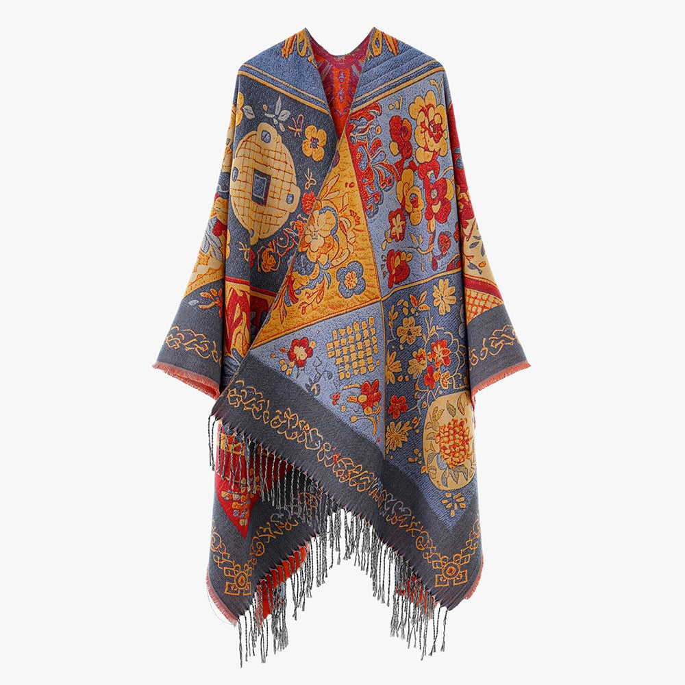 Damen Jacquard-Wollmix-Poncho mit Patchwork‑Blumenmuster und Fransensaum Shop Nory