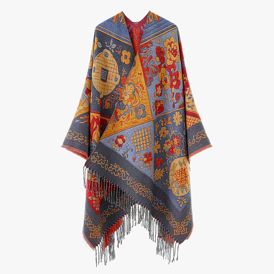 Damen Jacquard-Wollmix-Poncho mit Patchwork‑Blumenmuster und Fransensaum Shop Nory