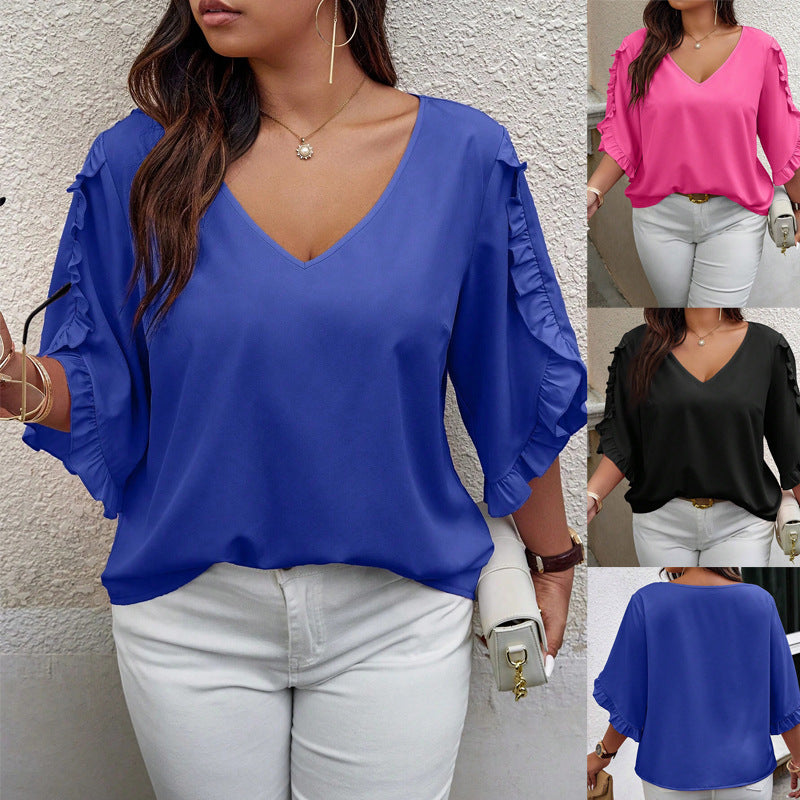 Damen V‑Ausschnitt Bluse mit Volantärmeln und lockerem Satinfall Shop Nory