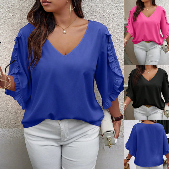 Damen V‑Ausschnitt Bluse mit Volantärmeln und lockerem Satinfall Shop Nory