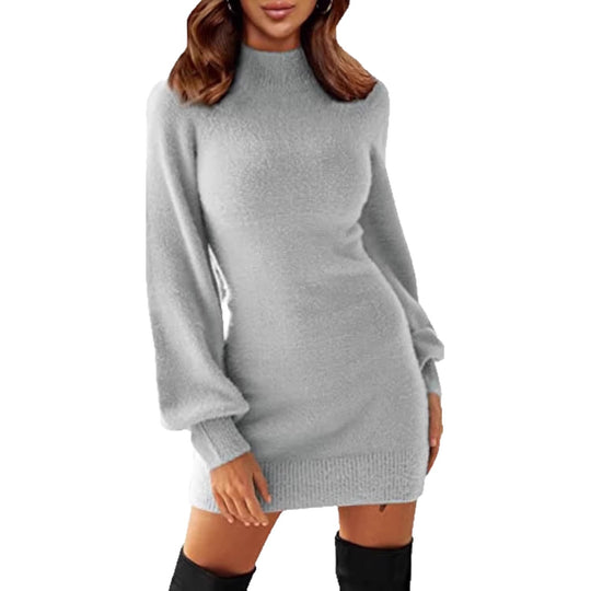 Damen Tailliertes Teddy-Strick-Minikleid mit Stehkragen und Ballonärmeln Shop Nory