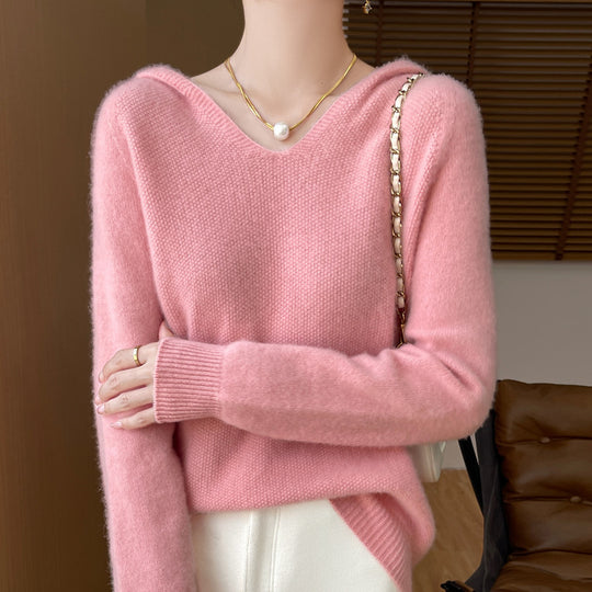 Damen Weicher Mohair‑Optik Kapuzenpullover mit V‑Ausschnitt und geripptem Saum Shop Nory
