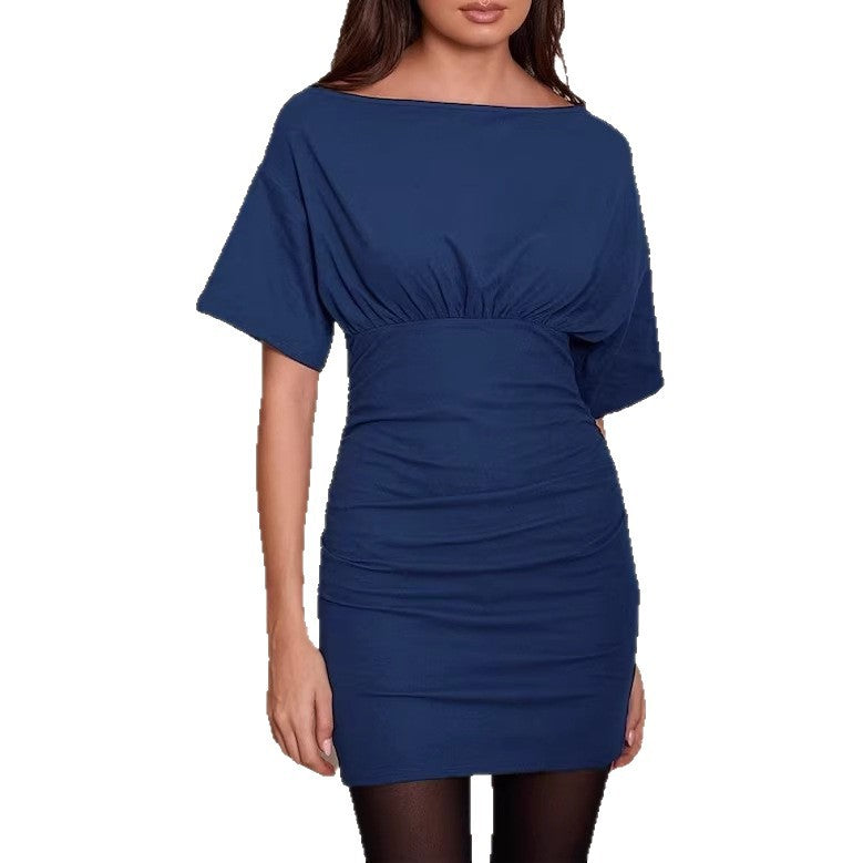 Damen Figurnahes Mini-Kleid mit U‑Boot‑Ausschnitt, Taillenraffung und Fledermausärmeln Shop Nory