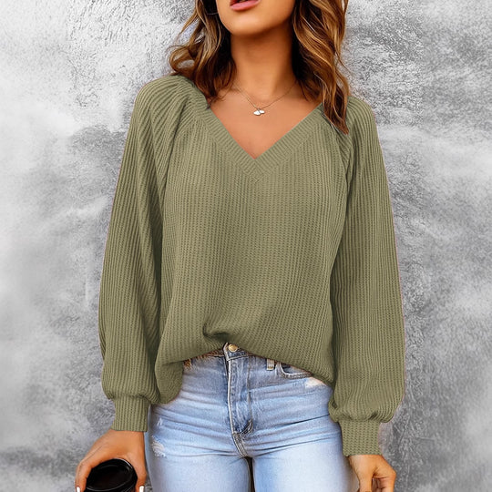 Damen Feinstruktur-Strickpullover mit V-Ausschnitt, Ballonärmeln und Rippbündchen Shop Nory