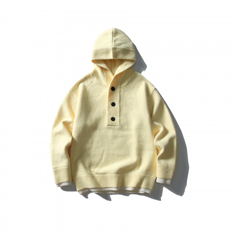 Unisex Strick‑Kapuzenpullover mit halber Knopfleiste, geripptem Saum und zweilagigem Abschluss Shop Nory