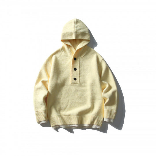 Unisex Strick‑Kapuzenpullover mit halber Knopfleiste, geripptem Saum und zweilagigem Abschluss Shop Nory