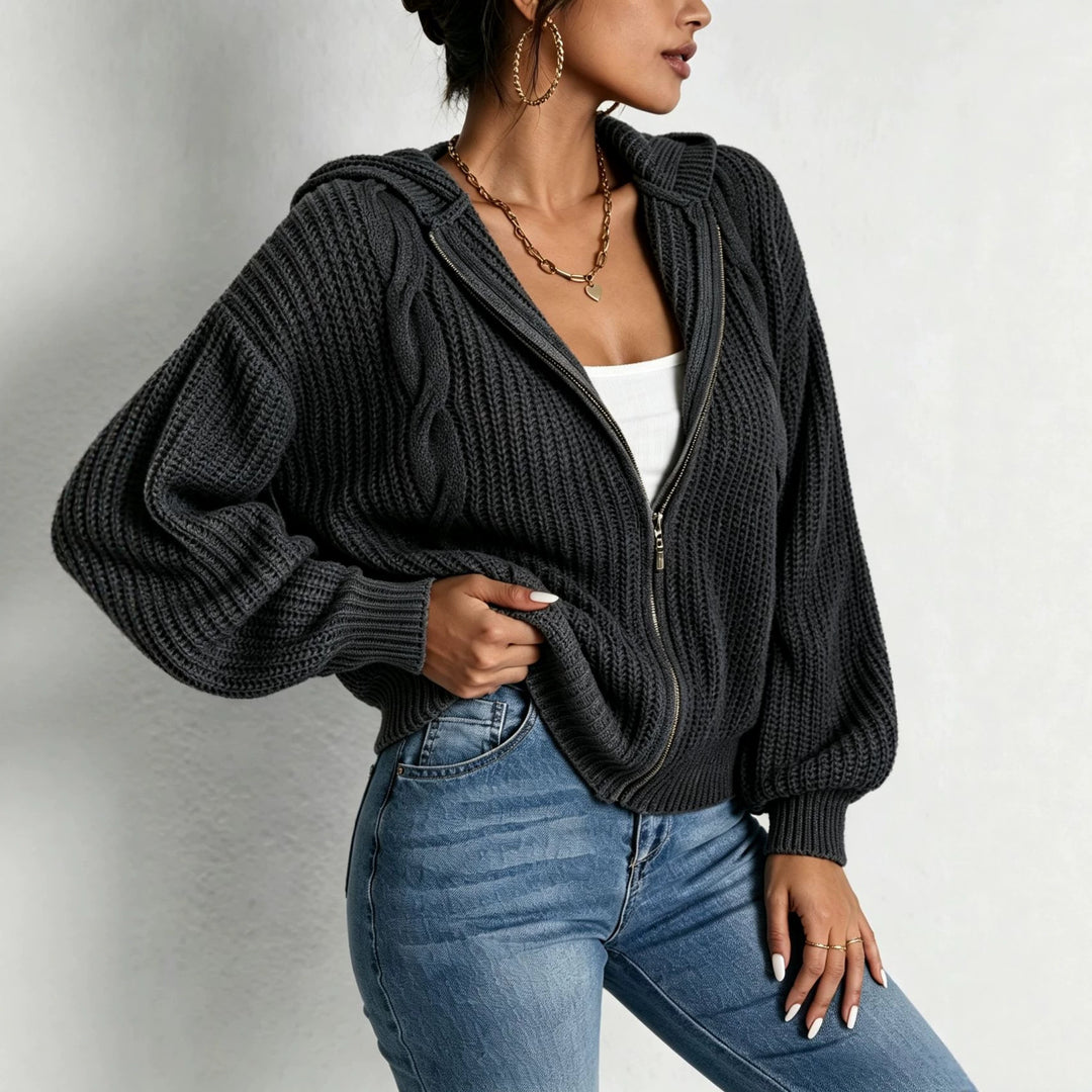 Damen Kapuzen-Cardigan im Grobstrick mit Zopfmuster und Reißverschluss Shop Nory