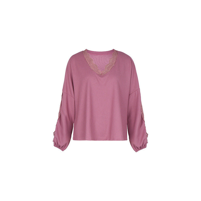 Damen Lockeres Shirt mit V‑Ausschnitt, Spitzenbesatz und Ballonärmeln Shop Nory