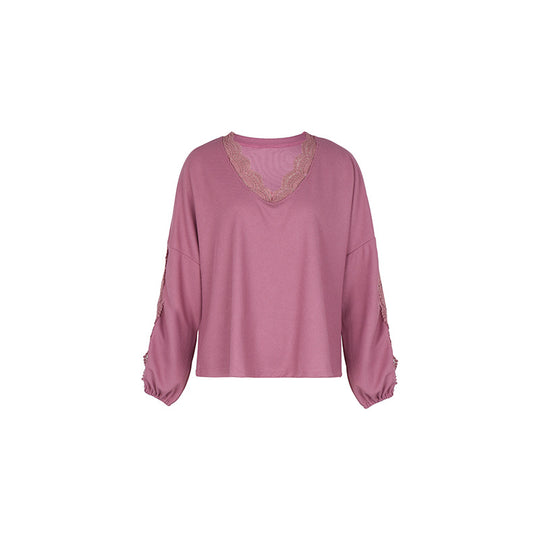 Damen Lockeres Shirt mit V‑Ausschnitt, Spitzenbesatz und Ballonärmeln Shop Nory