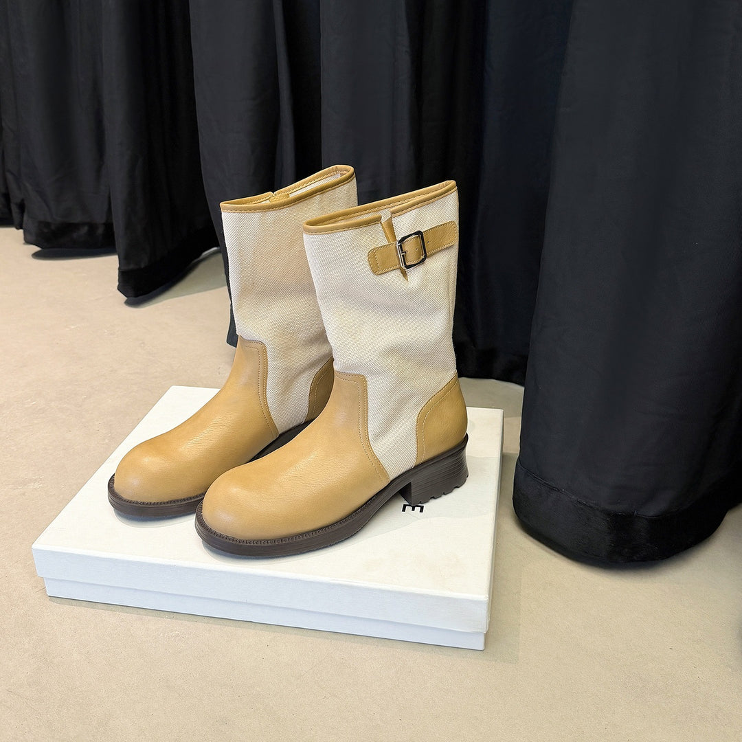 Damen Mid-Calf Stiefel aus Glattleder und Canvas mit Zier-Schnallenriemen Shop Nory