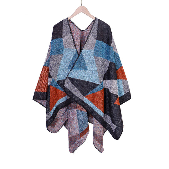 Damen Grobgestrickte Oversize-Ruana mit grafischem Blockmuster und asymmetrischem Zipfelrand Shop Nory