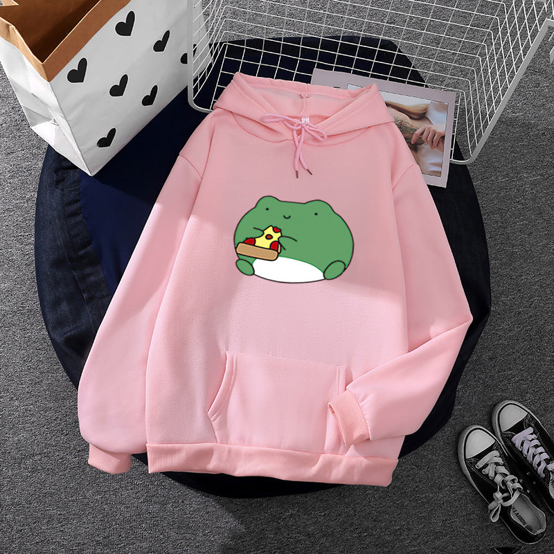 Damen nan gemütlicher Kapuzenpullover mit kawaii Frosch‑Pizza‑Motiv und oversized Relax‑Fit Shop Nory