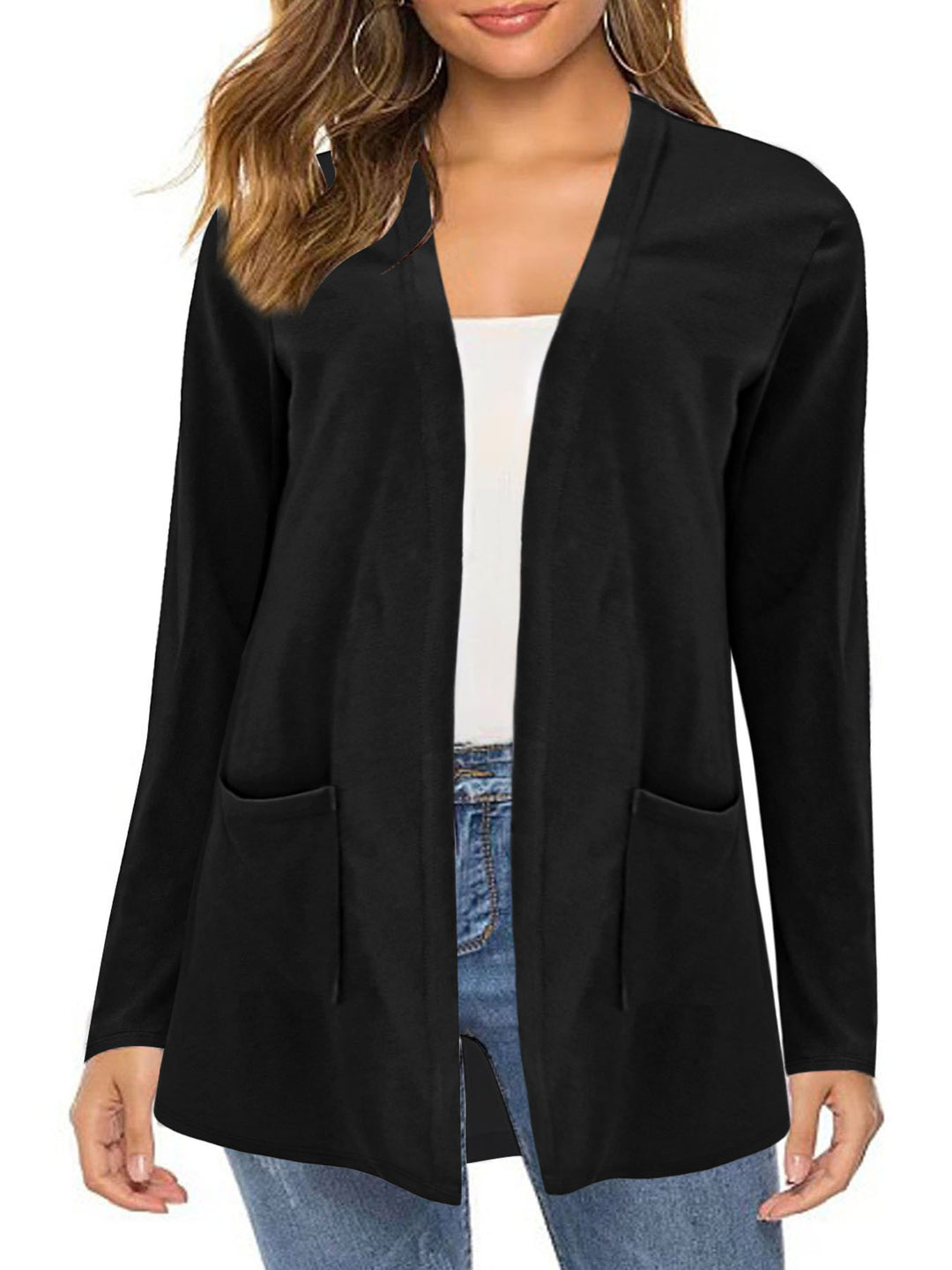 Damen Langer Offener Feinstrickcardigan mit Eingrifftaschen und dezentem V‑Ausschnitt Shop Nory