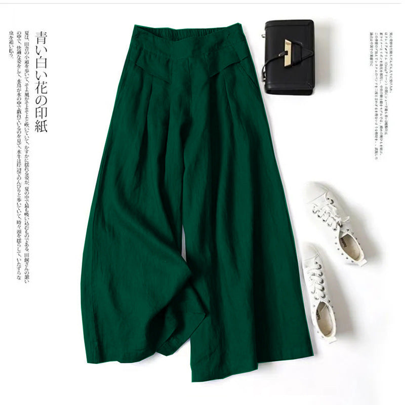 Damen Weit geschnittene Leinenhose mit hohem Bund und eleganten Falten