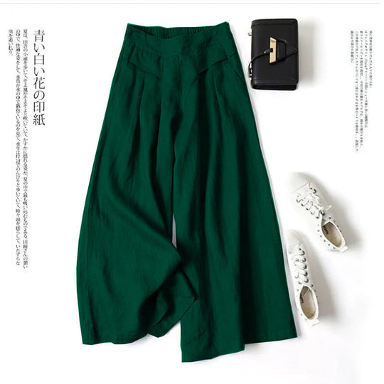 Damen Weit geschnittene Leinenhose mit hohem Bund und eleganten Falten
