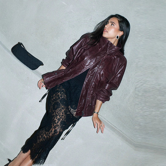 Damen Wasserabweisende Kunstleder-Utility-Jacke mit Stehkragen und aufgesetzten Pattentaschen Shop Nory