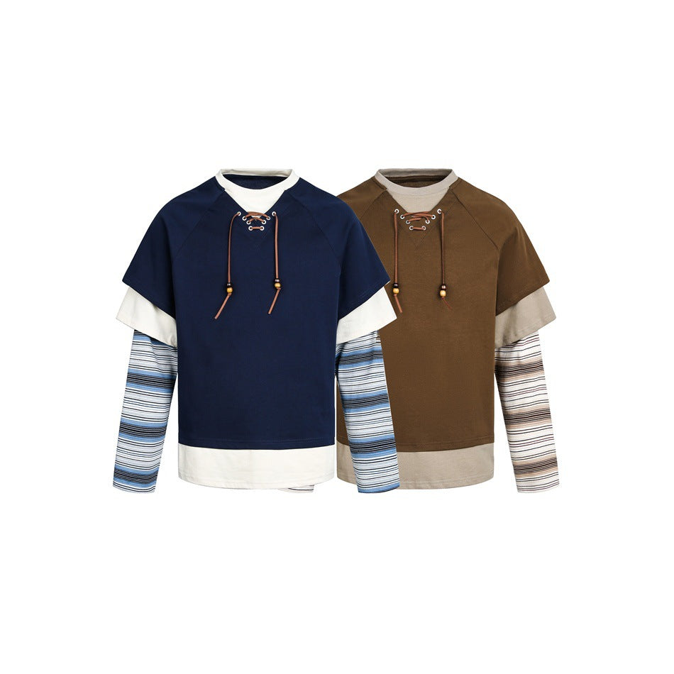 Damen Lagenlook-Sweatshirt mit Schnürung, gestreiften Ärmel-Einsätzen und asymmetrischem Saum Shop Nory