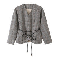 Damen Taillierte Glencheck-Blazerjacke mit V-Ausschnitt und Bindegürtel Shop Nory