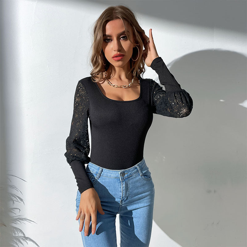 Damen Langärmliger Body mit Spitzenärmeln und eckigem Ausschnitt Shop Nory