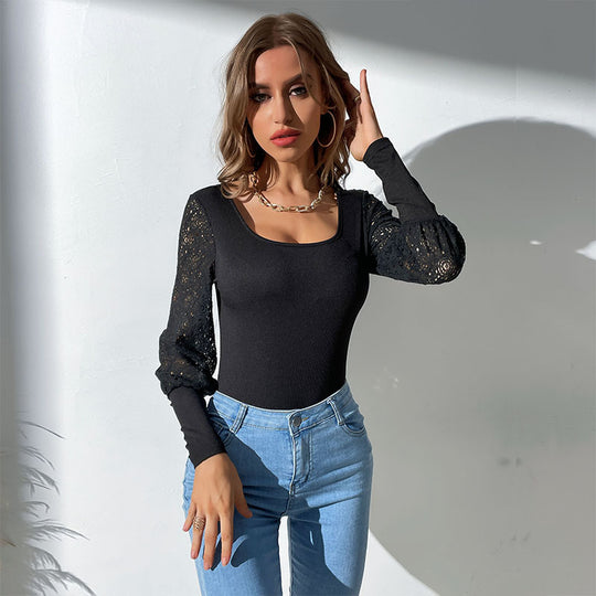 Damen Langärmliger Body mit Spitzenärmeln und eckigem Ausschnitt Shop Nory