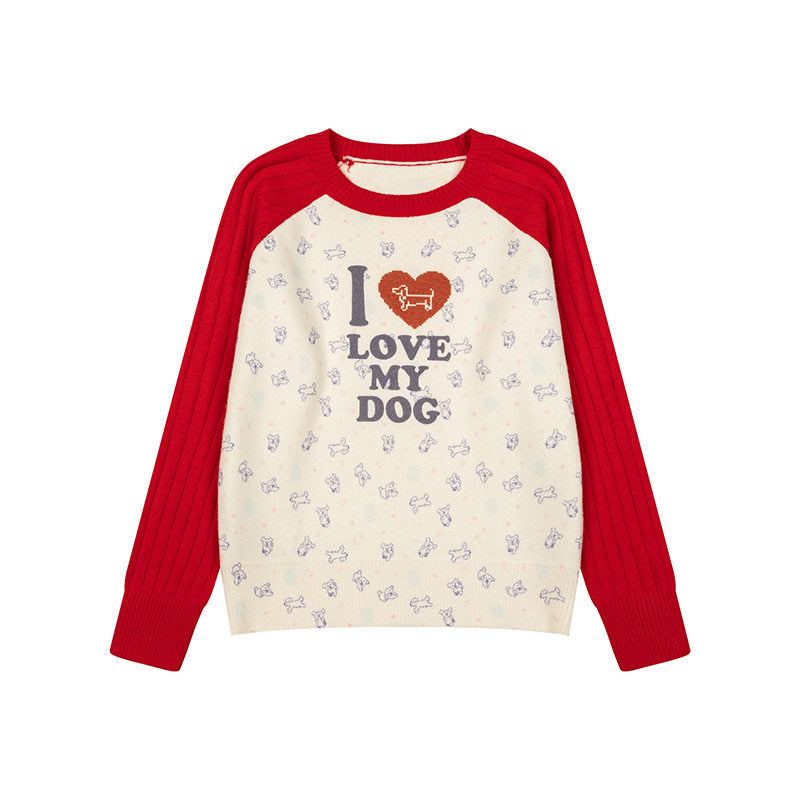 Damen Gestrickter Raglanpullover mit Herz‑Hundemotiv, Rippärmeln und Allover-Print Shop Nory