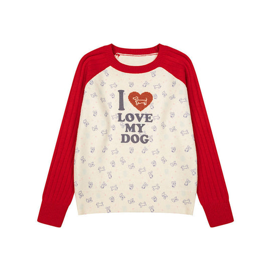 Damen Gestrickter Raglanpullover mit Herz‑Hundemotiv, Rippärmeln und Allover-Print Shop Nory
