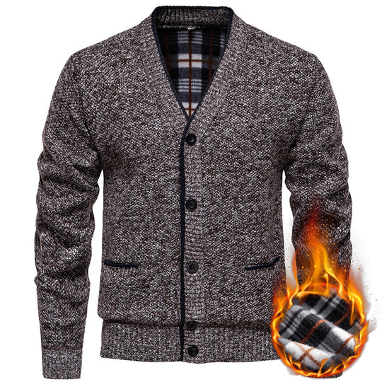 Herren Strukturierter V-Ausschnitt Strickcardigan mit kontrastierter Kante und kariertem Innenbesatz Shop Nory