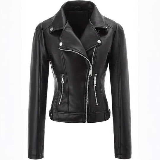 Damen Taillierte Bikerjacke in Lederoptik mit asymmetrischem Reißverschluss und Ziernähten Shop Nory