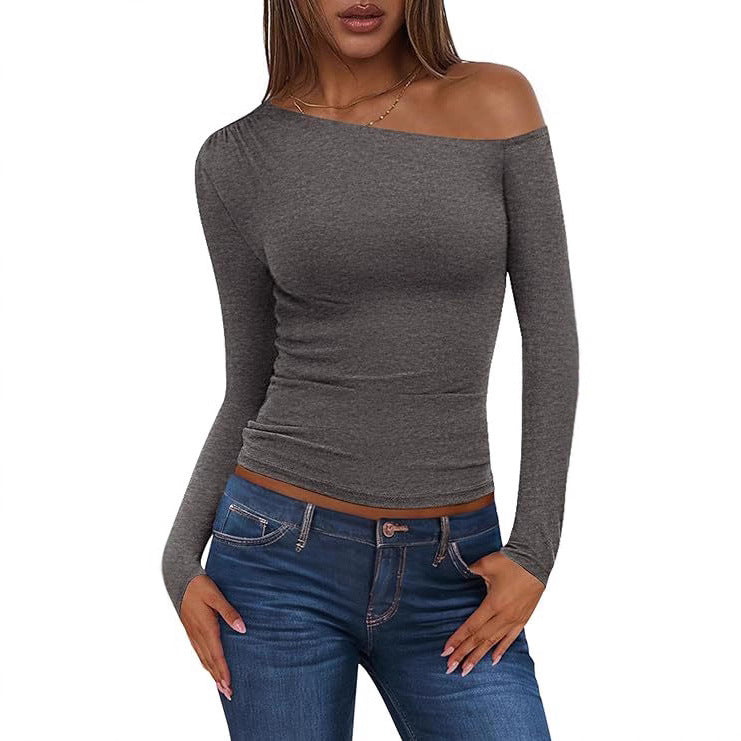 Damen Schulterfreies, figurnahes Ripp-Langarmtop mit asymmetrischem Ein-Schulter-Schnitt Shop Nory