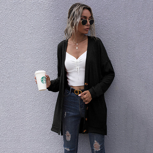 Damen Longline Rippstrick-Cardigan mit Knopfleiste, Eingrifftaschen und Oversize-Silhouette Shop Nory