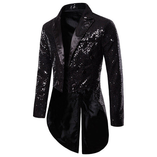 Herren geglitterter Frack mit spitzem Satinrevers, Doppelreiher und verlängertem Schwalbenschwanz Shop Nory
