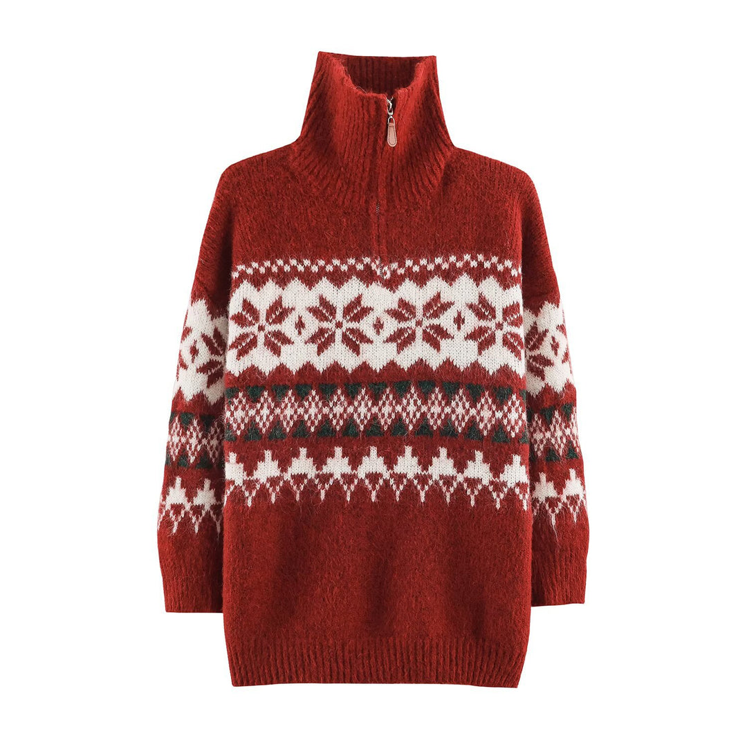 Damen Norwegermuster Strickpullover mit halbem Reißverschluss und Stehkragen Shop Nory