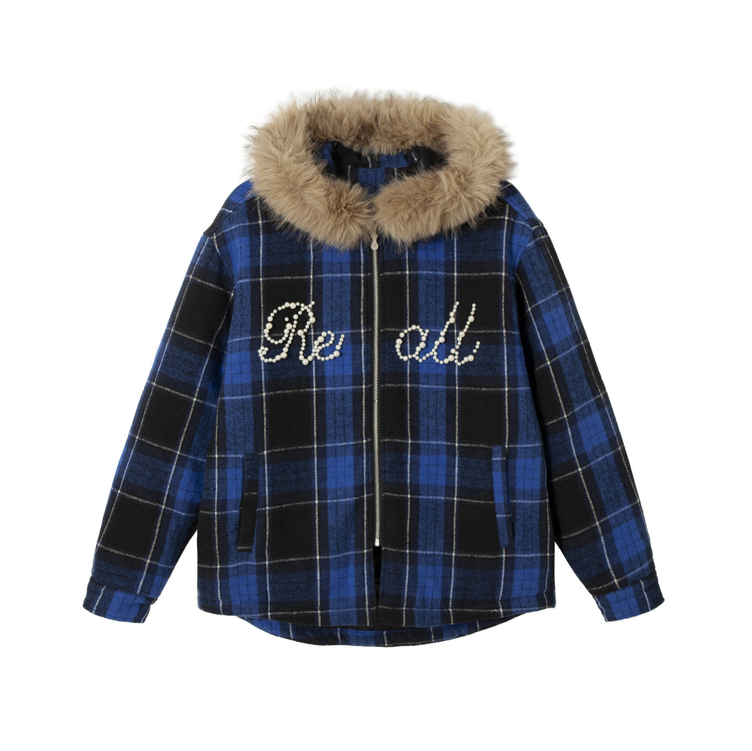 Damen karierter Wollmix-Blouson mit abnehmbarem Kunstfellkragen und Perlenapplikation Shop Nory