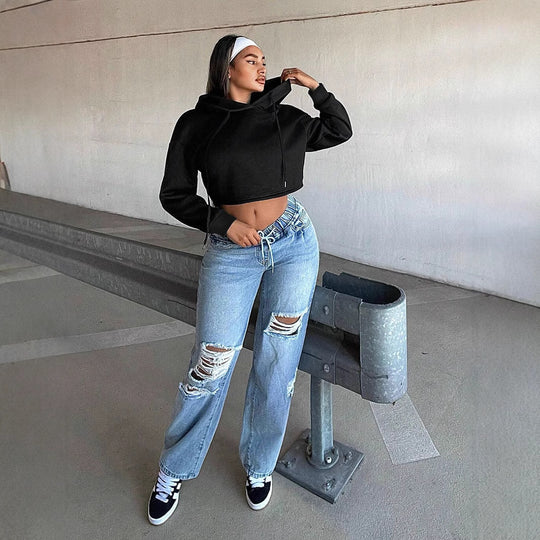 Damen kurzes Kapuzen-Sweatshirt Cropped-Hoodie mit Kordelzug gerippten Bündchen und lässiger Oversize-Passform Shop Nory