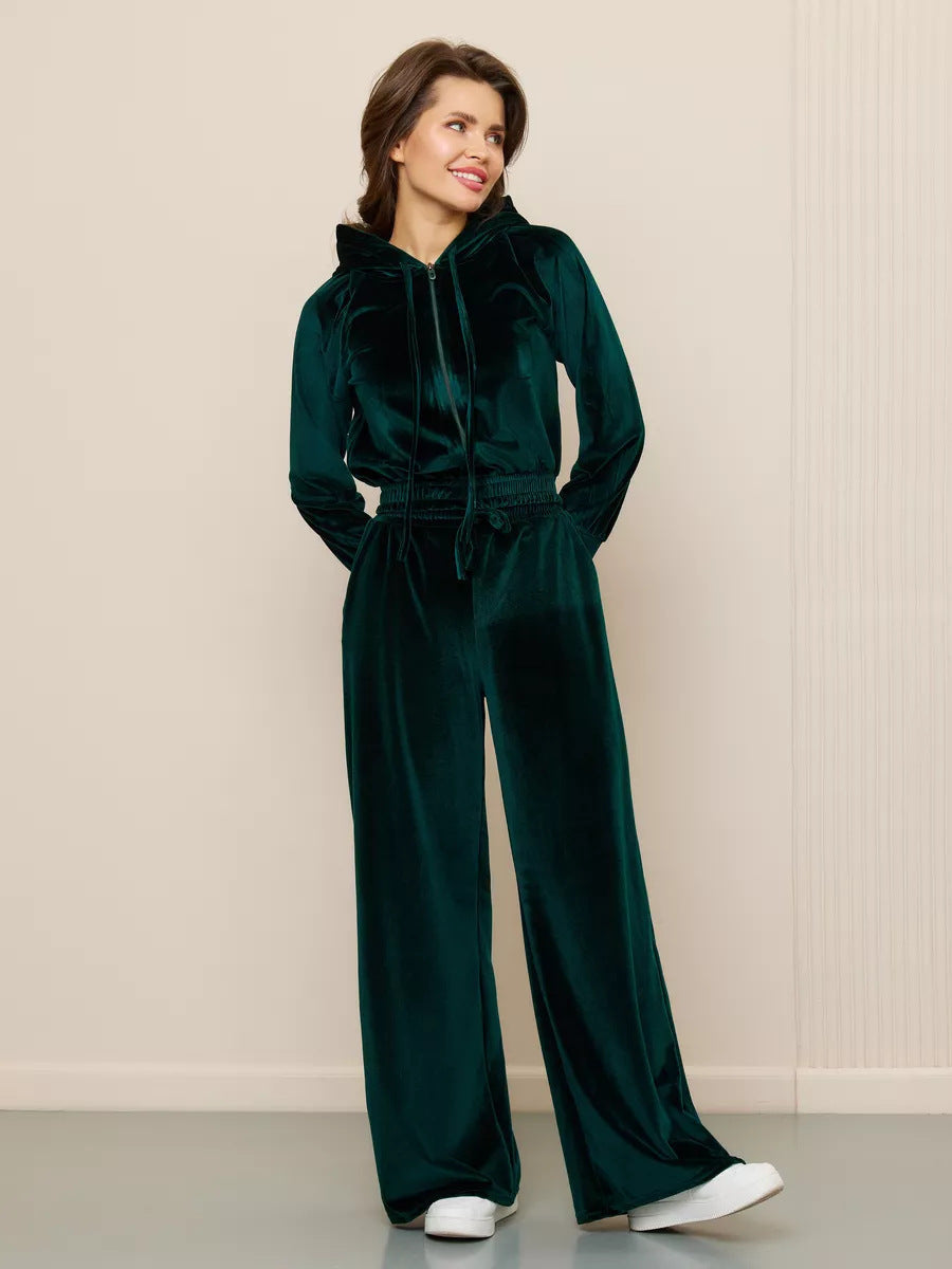 Damen luxuriöses Velours-Lounge-Set mit kurzem Reißverschluss-Hoodie und weitem Comfort-Hose Shop Nory