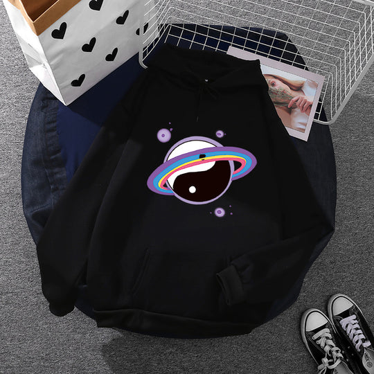 Damen nan Oversized Kapuzenpullover aus Baumwollmischung mit Planeten-Yin‑Yang-Grafik und Kängurutasche Shop Nory