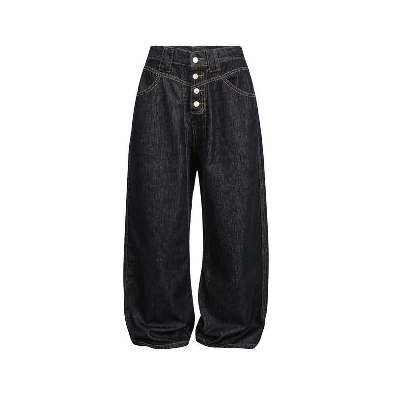 Damen hochtaillierte Baggy-Jeans in Ballonform mit sichtbarer Knopfleiste und markanten Nähten Shop Nory