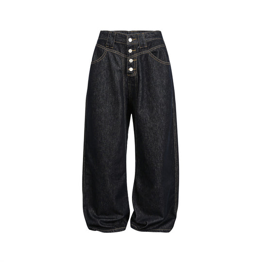 Damen hochtaillierte Baggy-Jeans in Ballonform mit sichtbarer Knopfleiste und markanten Nähten Shop Nory