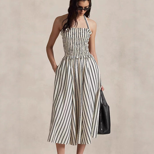Damen nan Midikleid mit gerafftem Smock-Oberteil, abnehmbarem Neckholder und Eingrifftaschen Shopnory