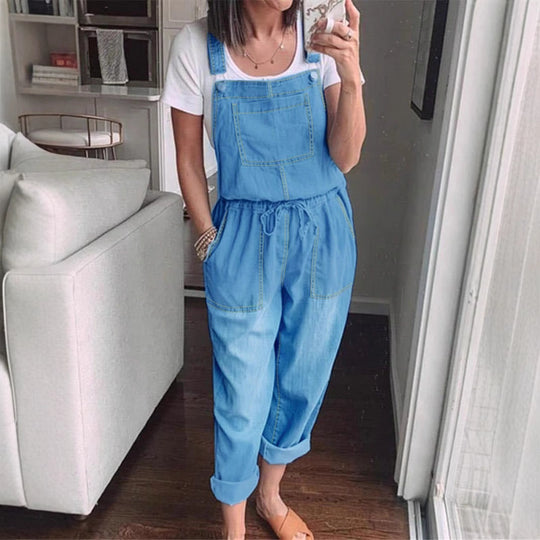 Damen Lässiger Denim-Latzoverall mit Tunnelzugbund und aufgesetzten Taschen Shop Nory