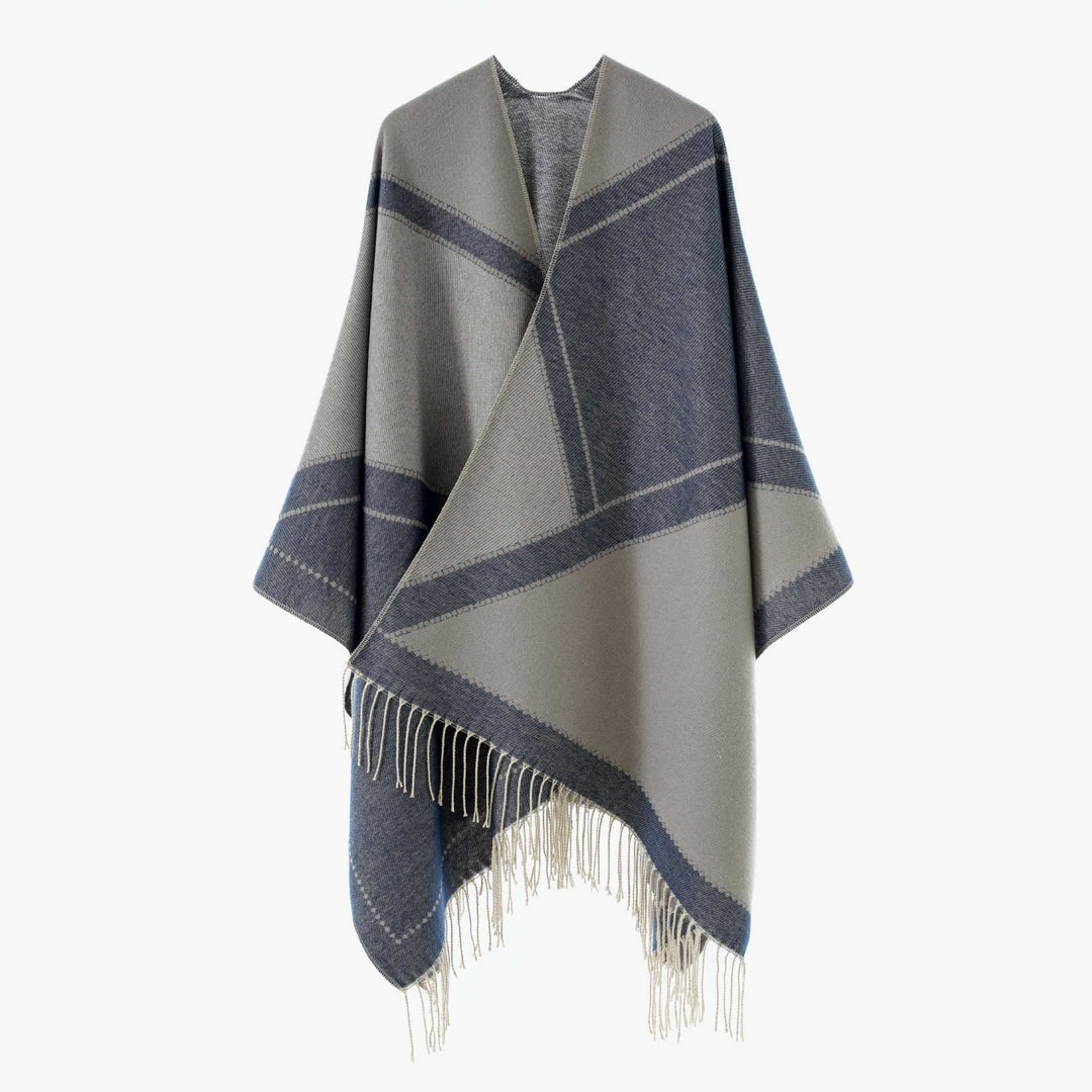Damen Wendbarer Strickcape-Poncho mit Fransen und kontrastierenden Streifen Shop Nory