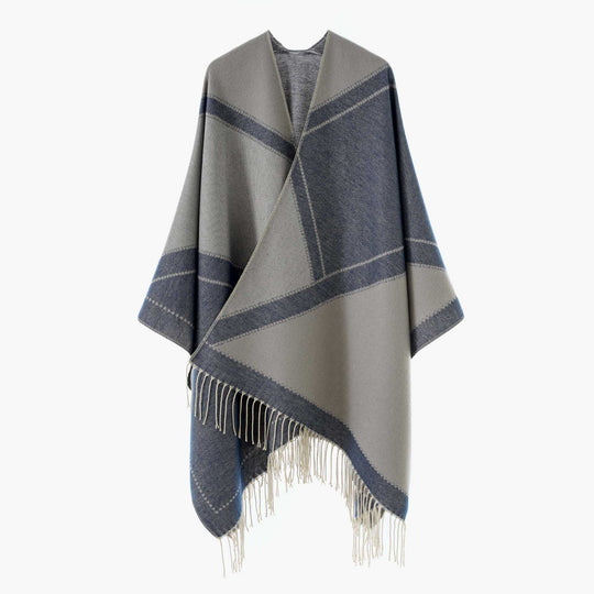 Damen Wendbarer Strickcape-Poncho mit Fransen und kontrastierenden Streifen Shop Nory