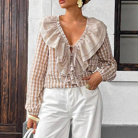 Damen Rüschenbluse mit tiefem V-Ausschnitt und Bindebändern Shop Nory
