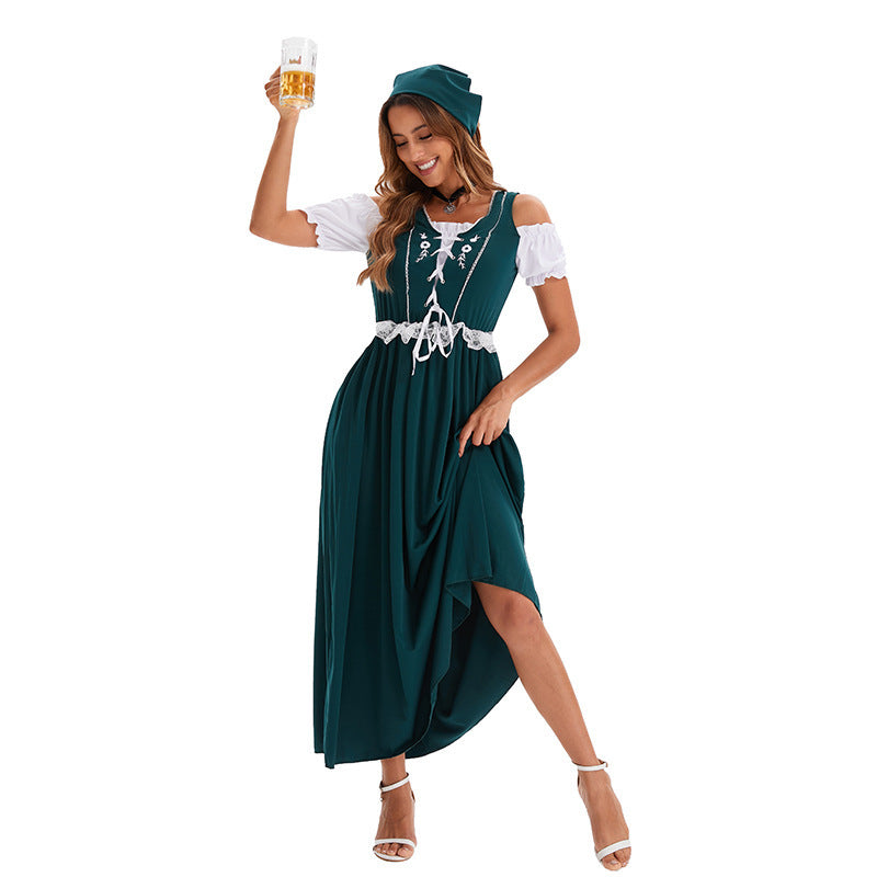 Damen nan langes Trachtenkleid im Dirndlstil mit Corsage-Schnürung und Spitzenbund Shop Nory