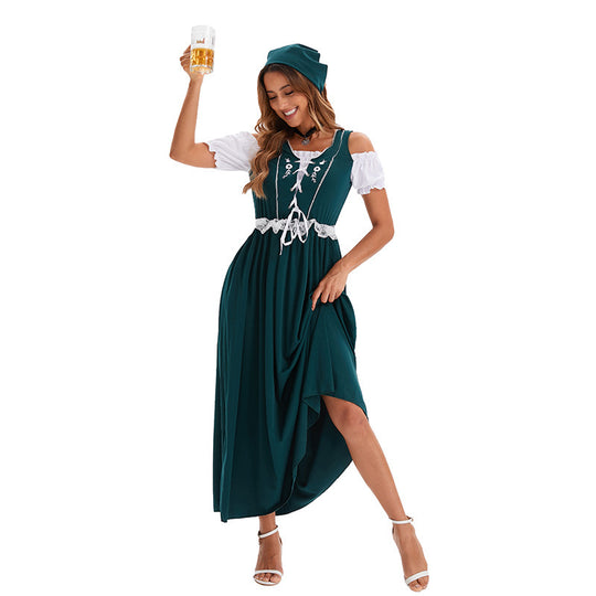 Damen nan langes Trachtenkleid im Dirndlstil mit Corsage-Schnürung und Spitzenbund Shop Nory