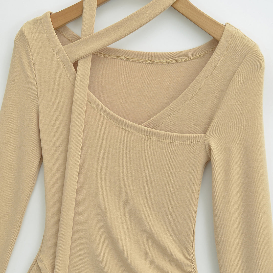 Damen Asymmetrisches tailliertes Langarm-Top mit Wickelschal, ausgestellten Volantärmeln und Stufenpeplum Shop Nory