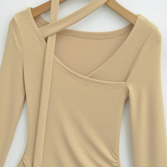 Damen Asymmetrisches tailliertes Langarm-Top mit Wickelschal, ausgestellten Volantärmeln und Stufenpeplum Shop Nory