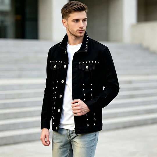 Herren Modische Jeansjacke mit Nieten Shop Nory